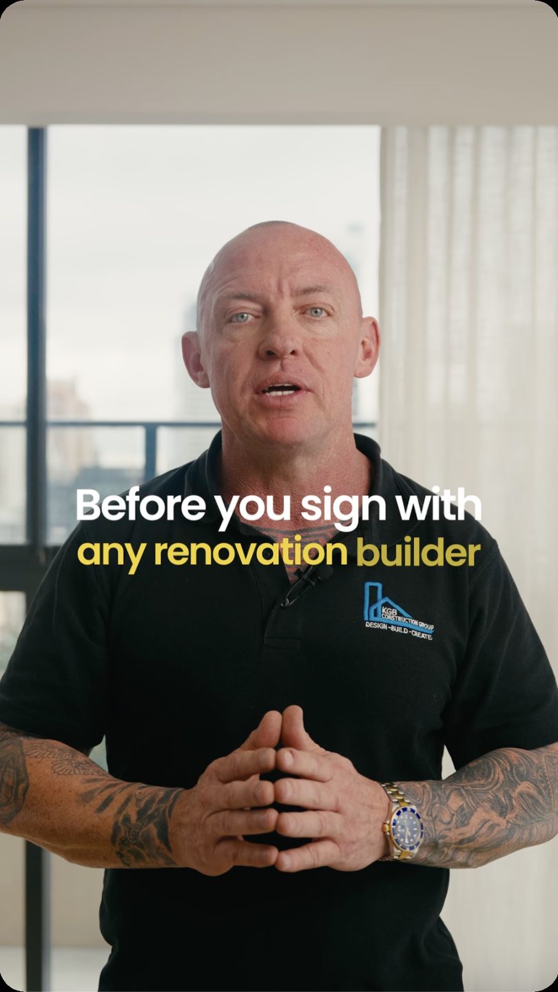 Kurt from KGB Construction Group in a video captioned before you sign with any renovation builder
